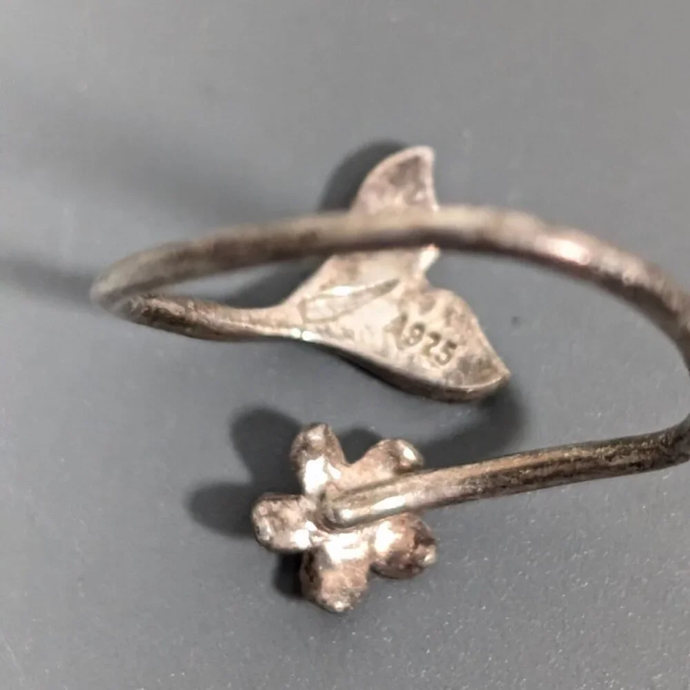 Sterling Silver 925 Flower Dolphin Tale Bypass Wrap Ring‎ Size 5  Boho Surfer